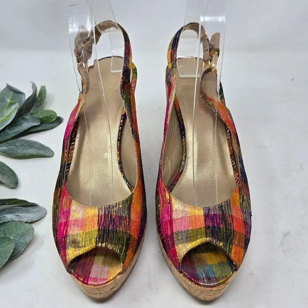 STUART WEITZMAN Jean Winsel‎ Tinsel Metallic Plaid Cork Wedge 9N